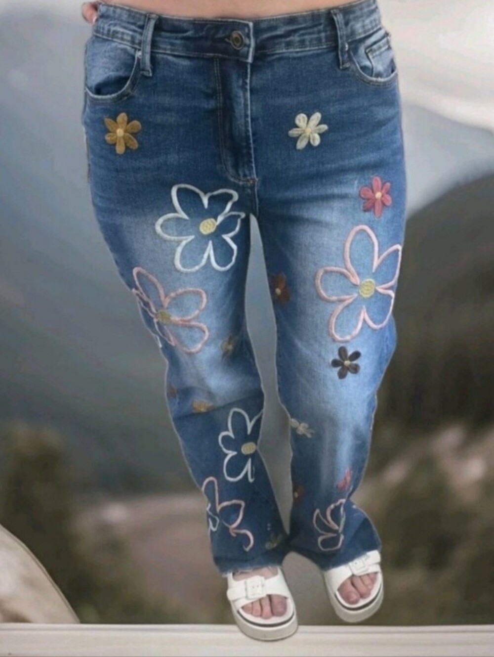 BAR X Oli & Hali Daisy Floral Embroidered Wide Leg Jeans Sz Large - Picture 2 of 11